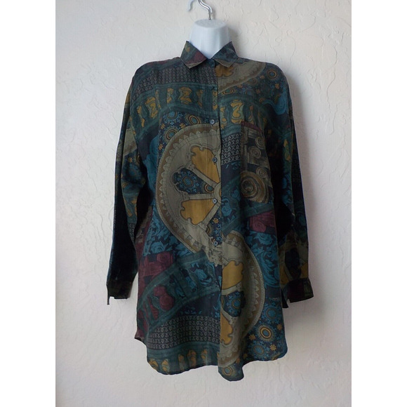 Vintage 90s Jane Ashley Silk Blue Shirt Women Sz Small Button Up Loose Geometric - Picture 1 of 12